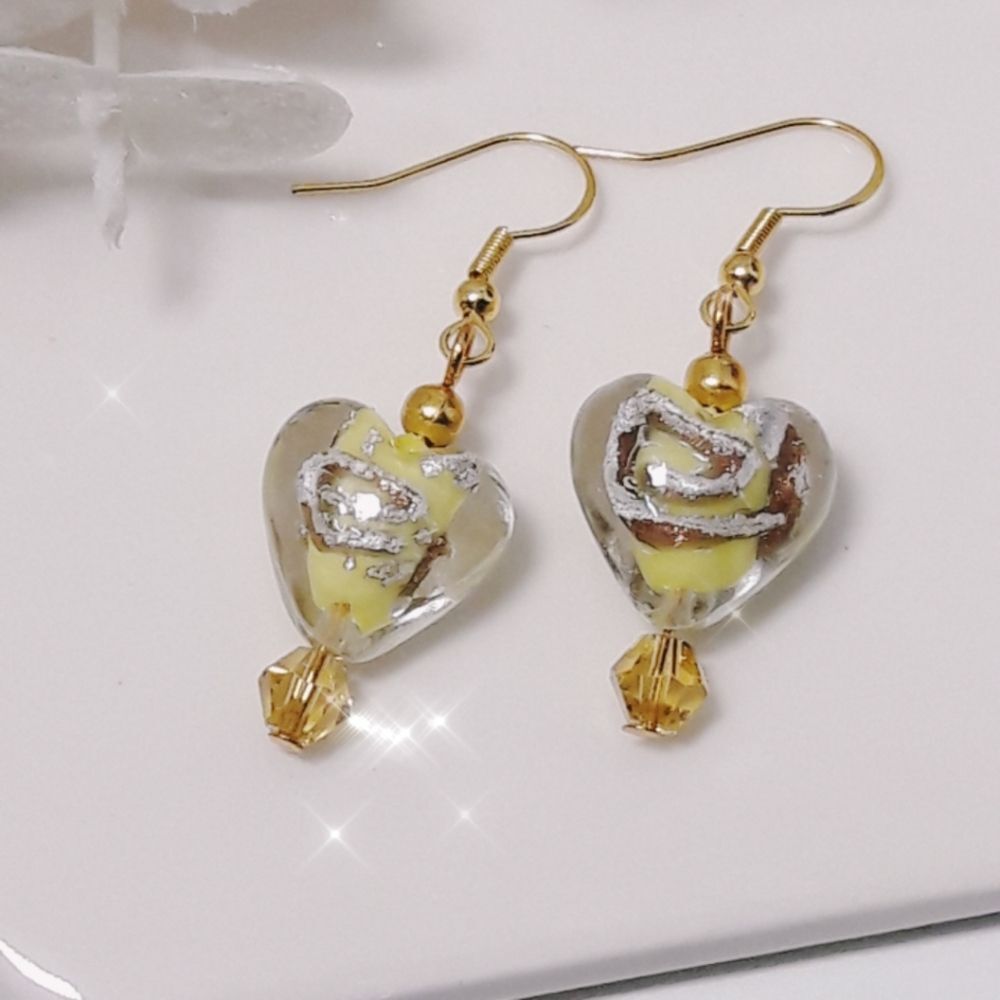 Boho Earrings  #049L Yellow heart swirl glass handmade artisan beads drop earrin